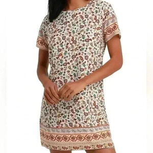 Lulus Nikolai White Floral Print Short Sleeve Shift  Dress White Red Women's S